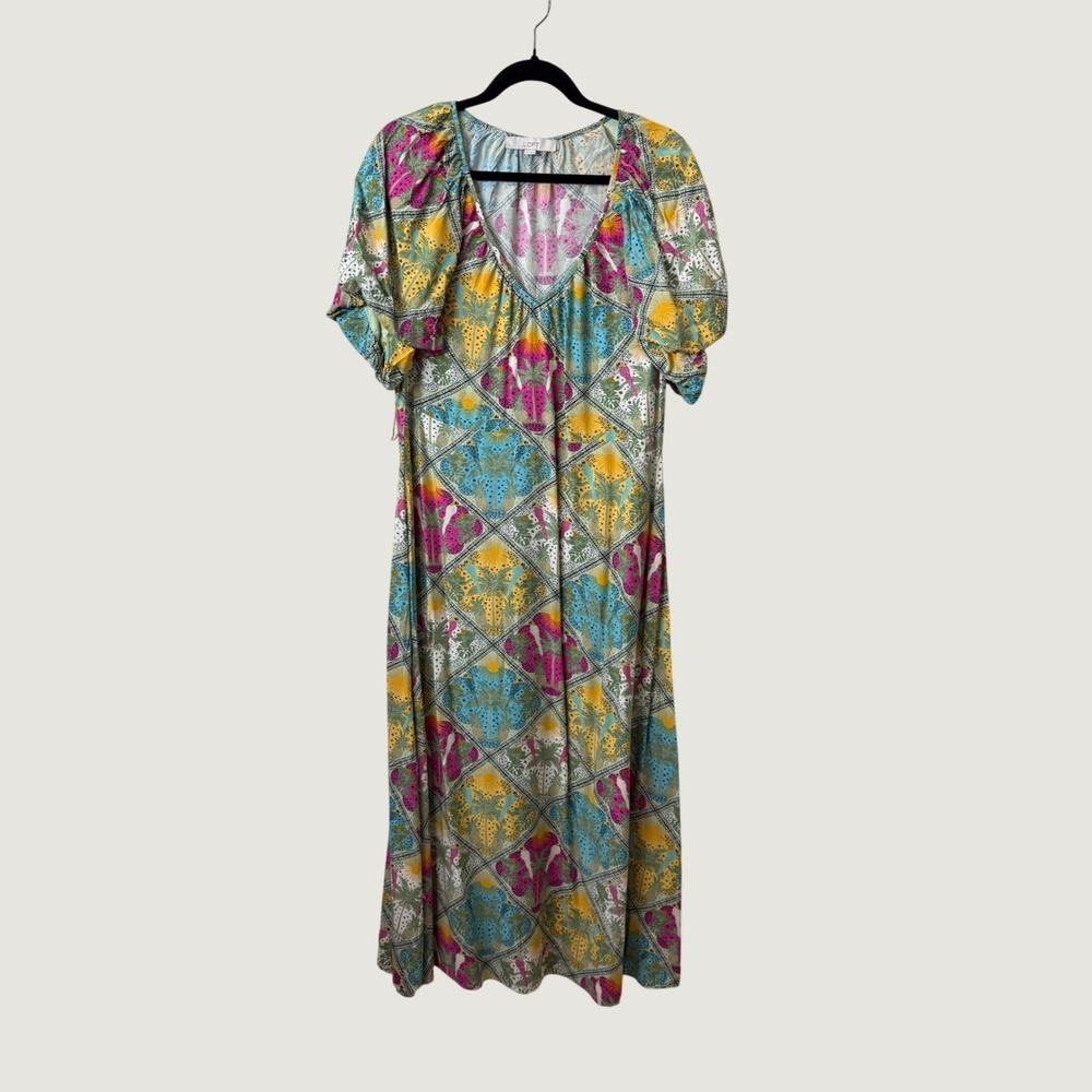 LOFT Tropical Botanical Flowy Maxi Dress 14 Multi-Color Boho Coastal Vacation